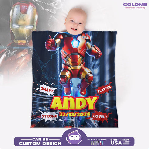 Personalized Iron Baby Blanket – Superhero Style for Your Little Star | Custom Name & Birthdate